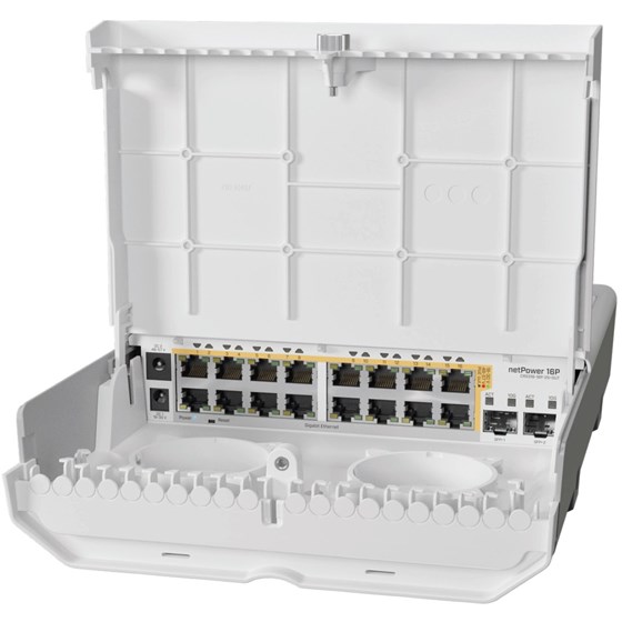 MikroTik Cloud Router Switch CRS318-16P-2S+OUT, netPower 16P, 256MB RAM, 16×G-LAN PoE-out, 2×SFP+, Outdoor case, RouterOS L5/SwitchOS