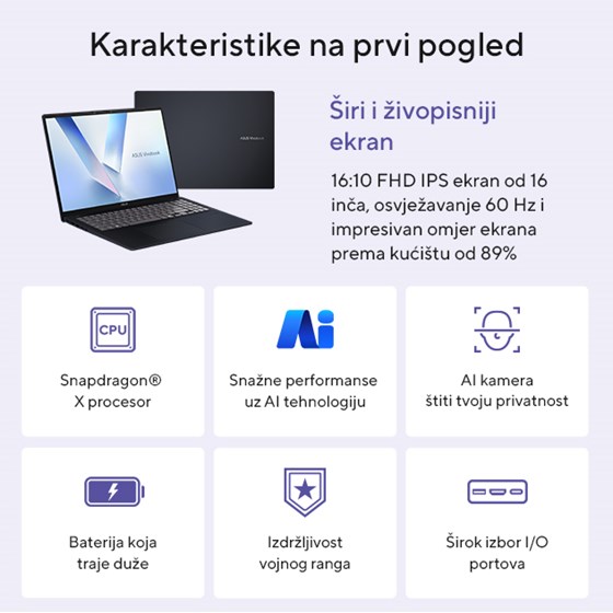 Asus Vivobook 16 X1607QA-MB004W, 90NB15Z2-M002T0, 16" WUXGA, Snapdragon X X1 26 100, 16GB, 1TB SSD, W11H, Qualcomm Adreno GPU