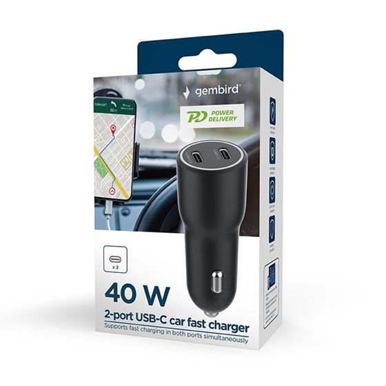 Auto punjač Gembird 2 port 40W (2x USB C 20W), TA-UC-C2PD40-CAR-01