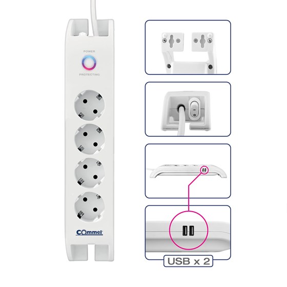 Strujna letva Commel 4 utičnice 2m, 2x USB A, s prenaponskom zaštitom, bijela